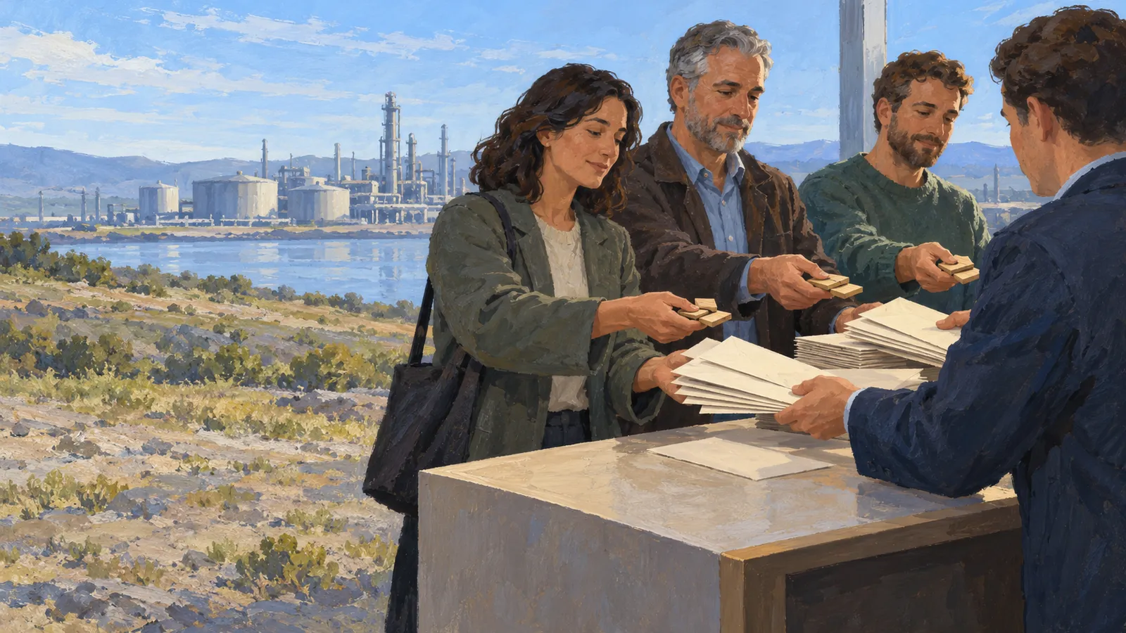A painted scene shows three people holding small rectangular objects across a counter as another person holds stacks of papers; an industrial complex stands across the water. SI illustration