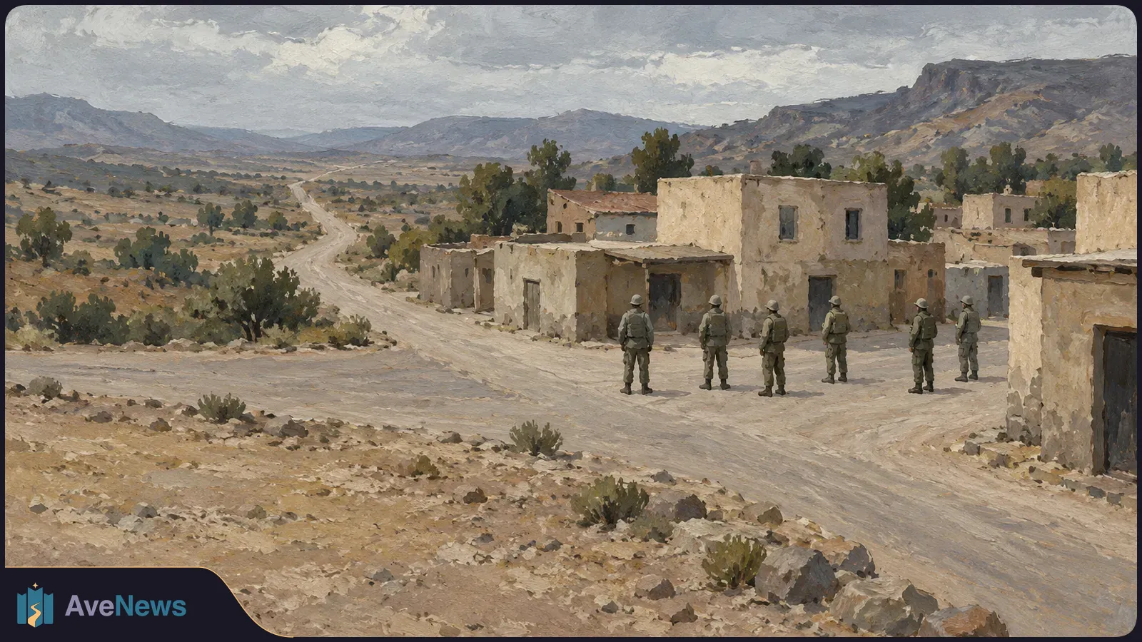 Painting of six uniformed figures standing on a dusty road beside pale buildings, with scattered shrubs, distant mountains and a cloudy sky. SI illustration