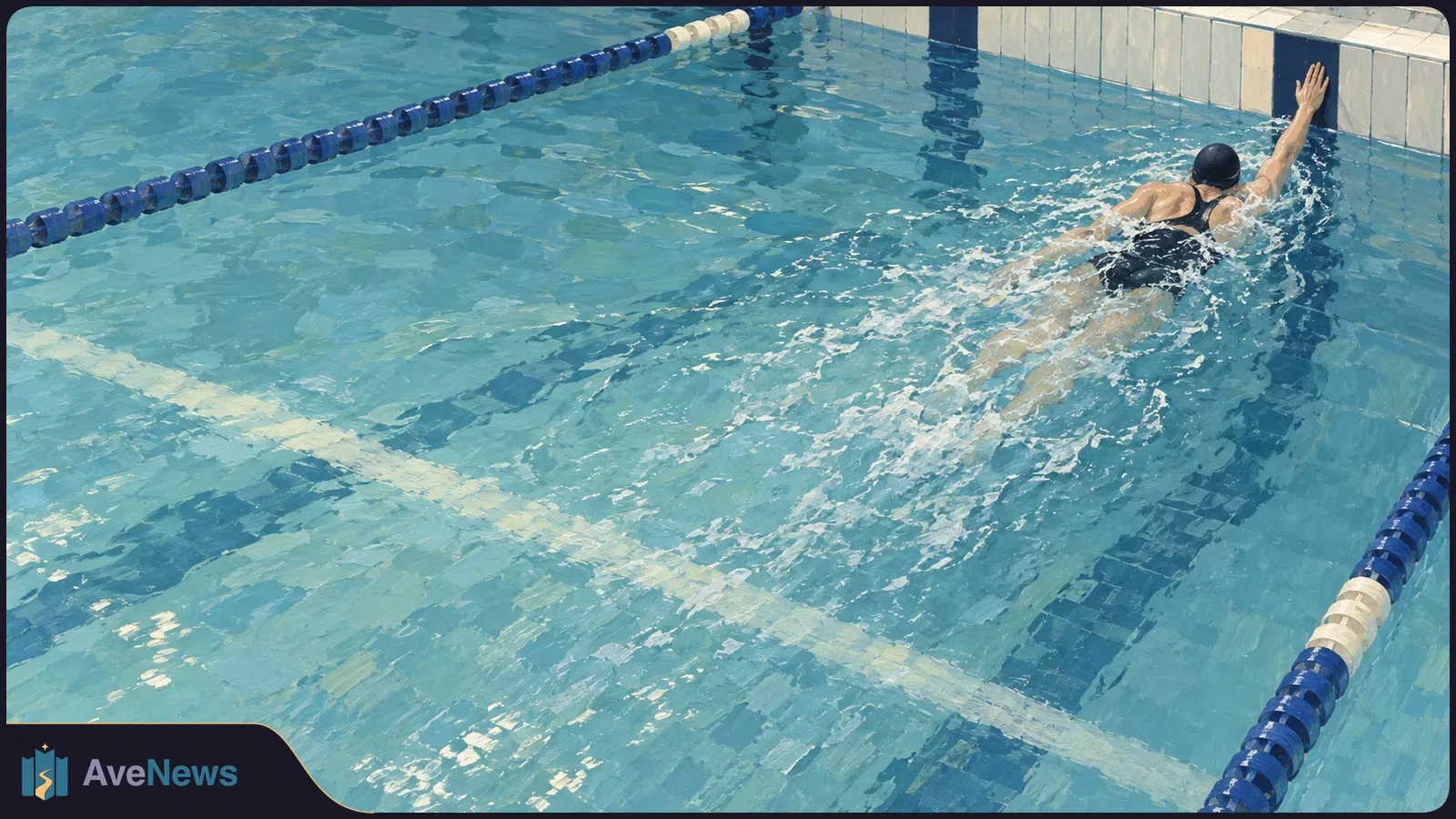 Overhead illustration of a swimmer in a black cap and swimsuit reaching the tiled pool wall, with splashing water and blue-and-white lane ropes. SI illustration