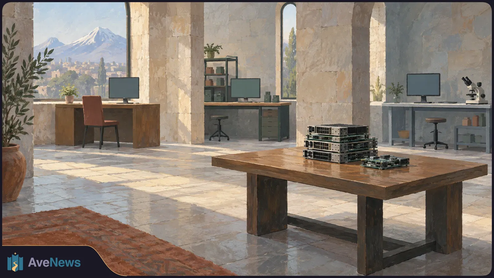 In a sunlit stone-walled workspace, stacked computer servers sit on a wooden table. Blank monitors and a microscope stand behind them, with a snow-capped mountain visible through an arch. SI illustration