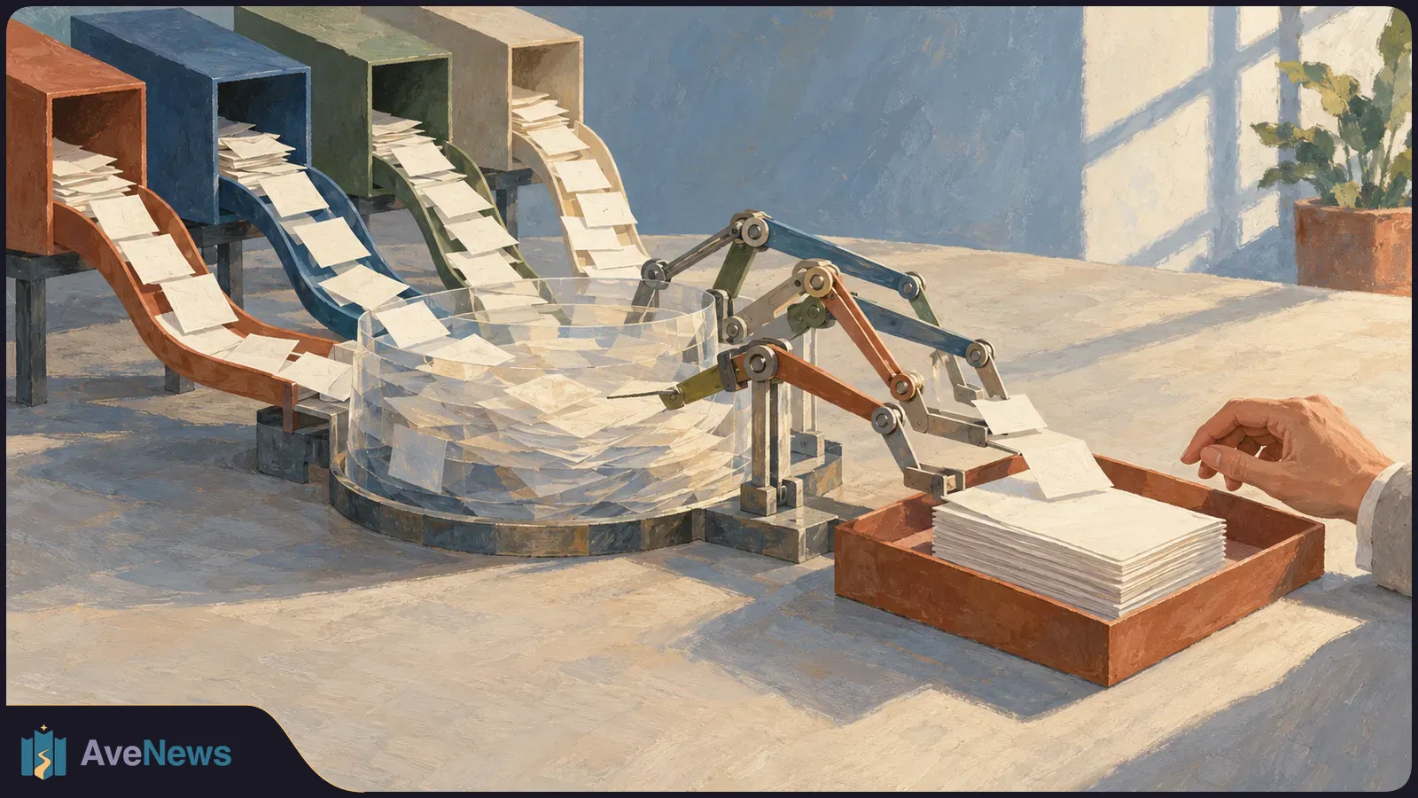 Painted illustration of papers flowing from four colored boxes into a clear circular container; mechanical arms guide sheets into a tray beside a reaching hand. SI illustration