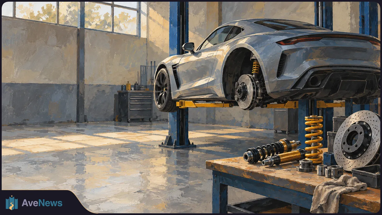 A silver sports coupe sits on a workshop lift with a rear wheel removed. Springs, shock absorbers and a brake disc rest on a workbench in front. SI illustration
