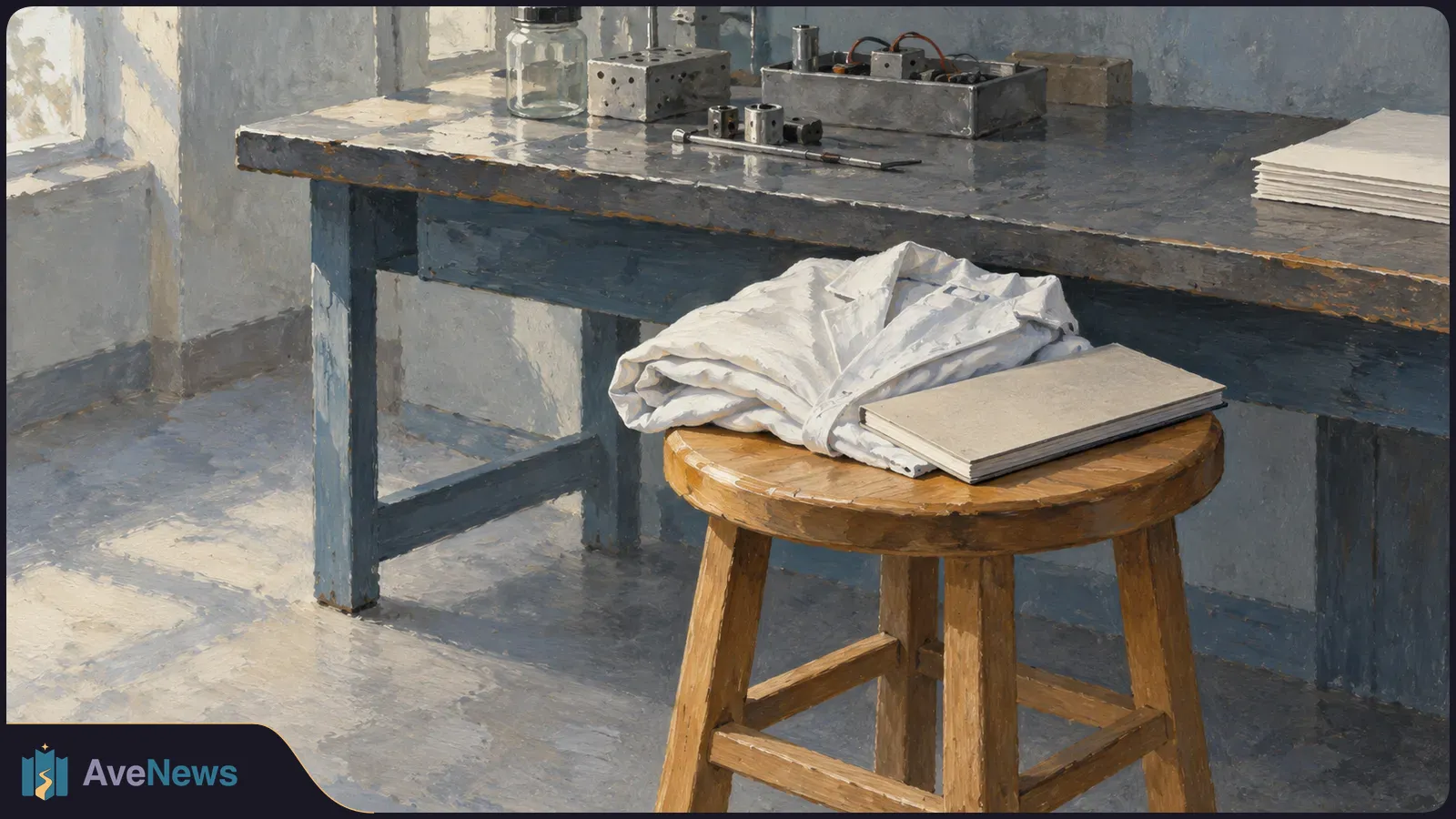 A painted laboratory scene with a white coat and closed notebook on a wooden stool beside a workbench holding small metal instruments, a jar and stacked papers. SI illustration