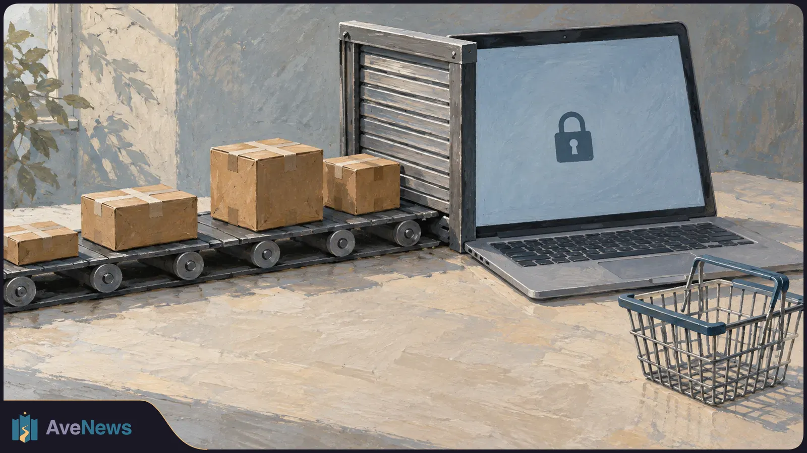Painted scene of taped parcels on a conveyor stopped at a metal shutter, beside a laptop showing a padlock symbol and an empty shopping basket. SI illustration