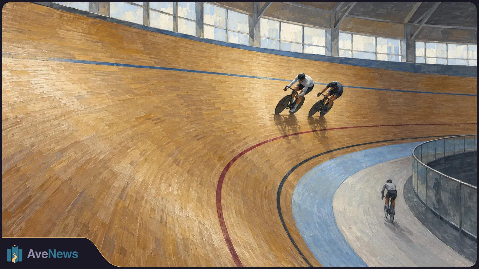 Painterly illustration of three helmeted cyclists on a banked wooden indoor track; two ride near each other high on the curve, and one rides below. SI illustration