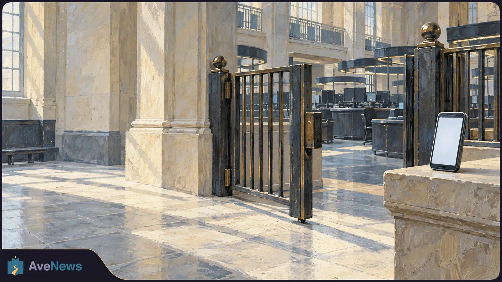 In a sunlit, columned hall, an open metal gate leads toward rows of computer desks. A blank-screen smartphone rests on a stone ledge at right. SI illustration