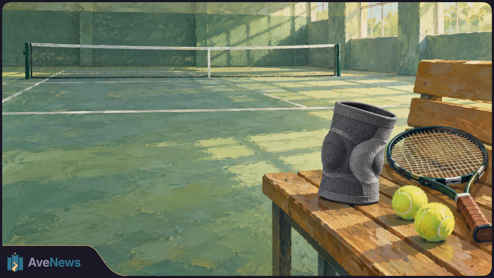 A knee brace, tennis racket and two balls rest on a wooden bench beside a sunlit indoor court, with a net in the background. SI illustration