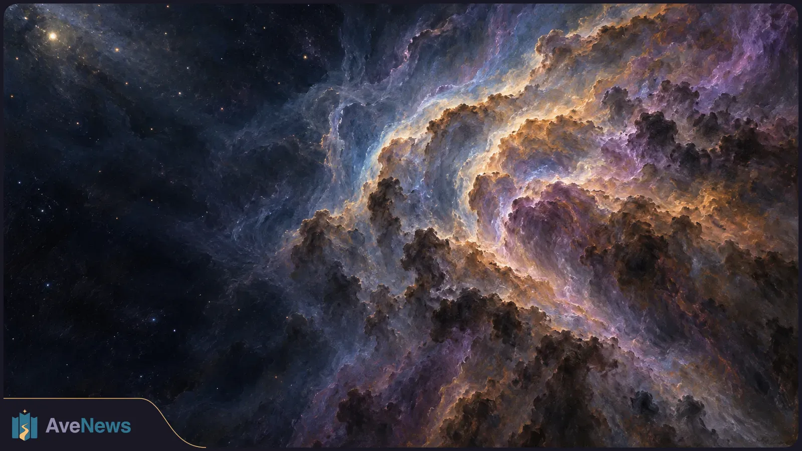 A dark, star-speckled sky beside swirling blue, purple and amber clouds with glowing edges. SI illustration
