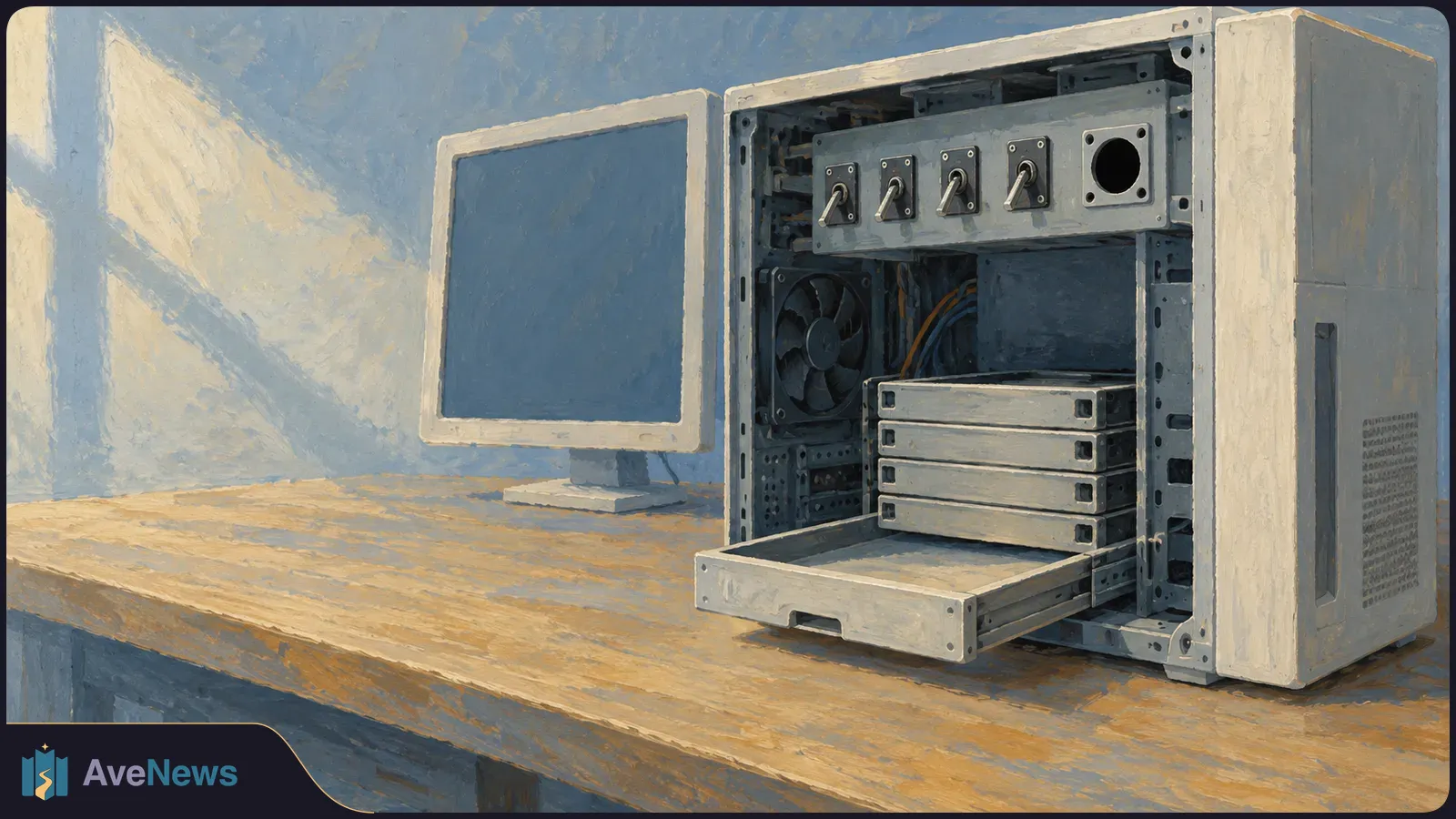 Painterly illustration of an open desktop computer with four toggle switches, stacked drives and a pulled-out tray beside a blank monitor on a wooden desk. SI illustration