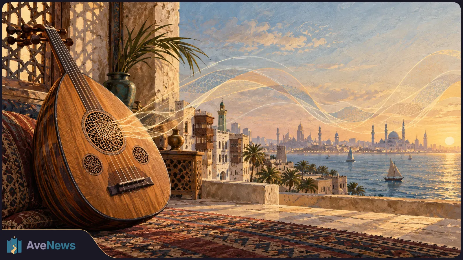 Painted oud leaning against cushions on a terrace at sunset, with glowing musical ribbons flowing toward a waterfront city of domes and minarets. SI illustration