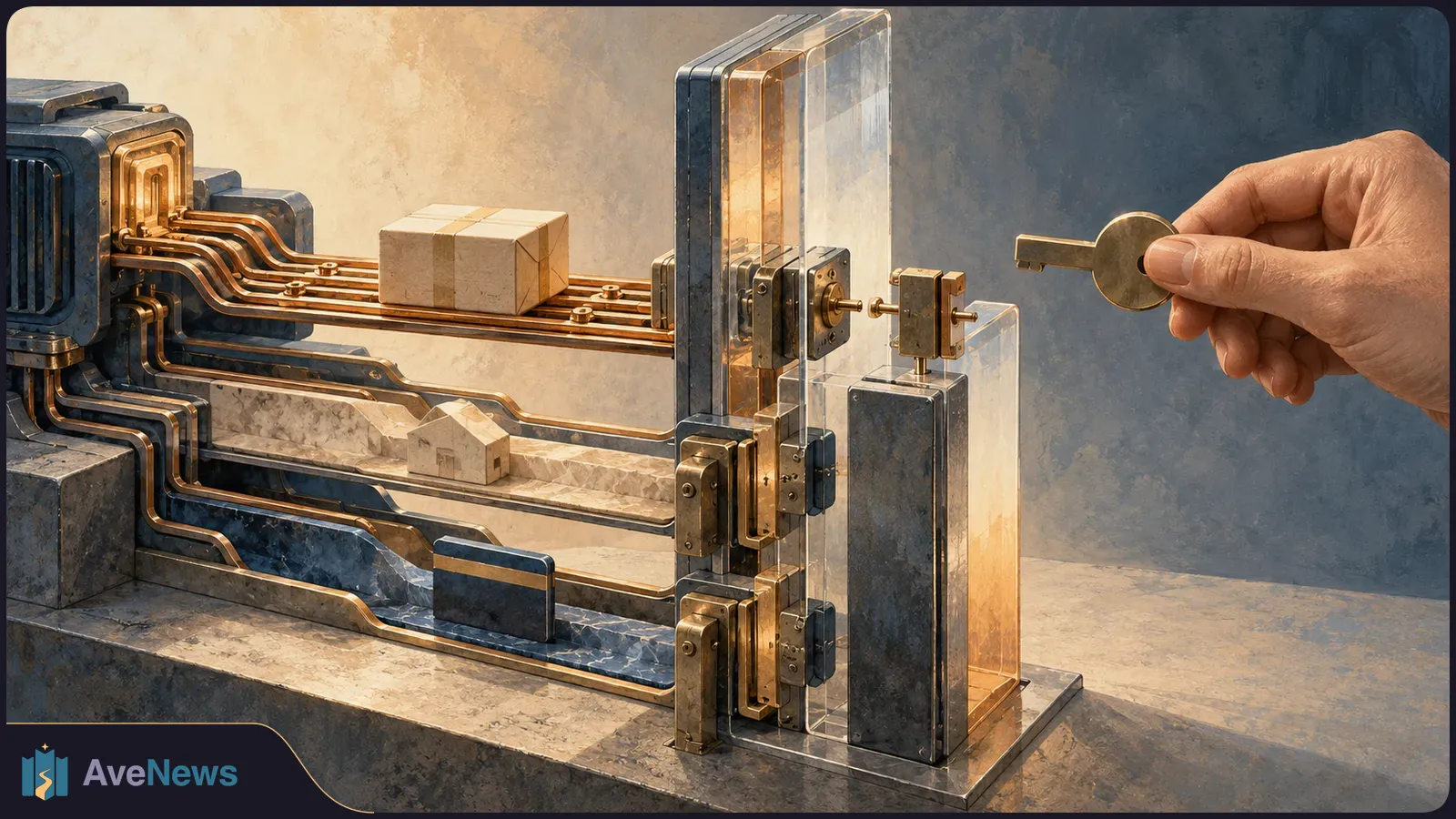 Painted illustration of a parcel on metal tracks stopped at a transparent, lock-filled barrier, while a hand holds a key nearby. SI illustration