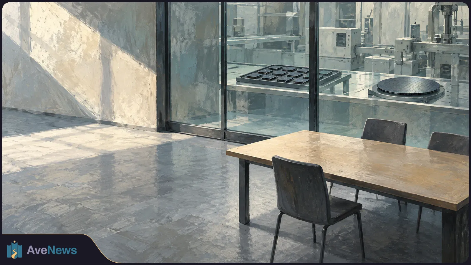 An empty table and chairs sit beside a glass wall overlooking industrial equipment, rows of dark chips and a round wafer. SI illustration