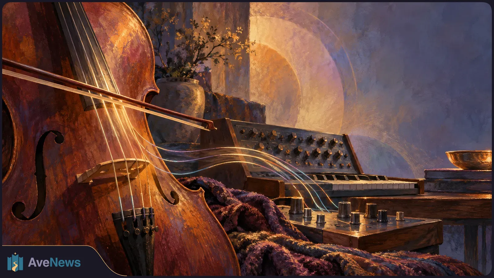 Painterly scene of a bowed string instrument beside a keyboard synthesizer and audio controls, with glowing lines sweeping between them. SI illustration