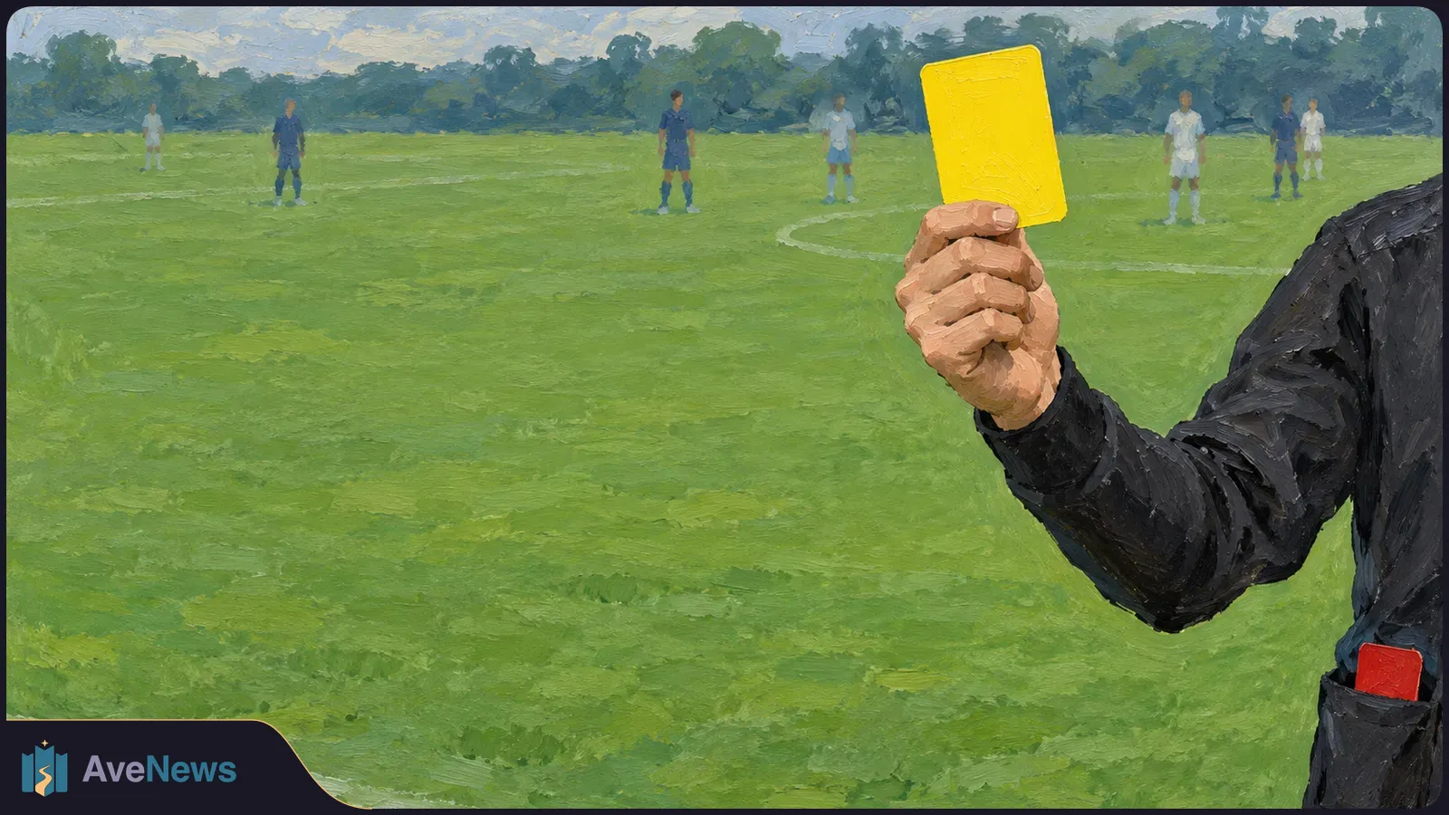 Painted football scene with players spread across a green pitch; in the foreground, a cropped figure in black holds up a yellow card, with a red card in their pocket. SI illustration