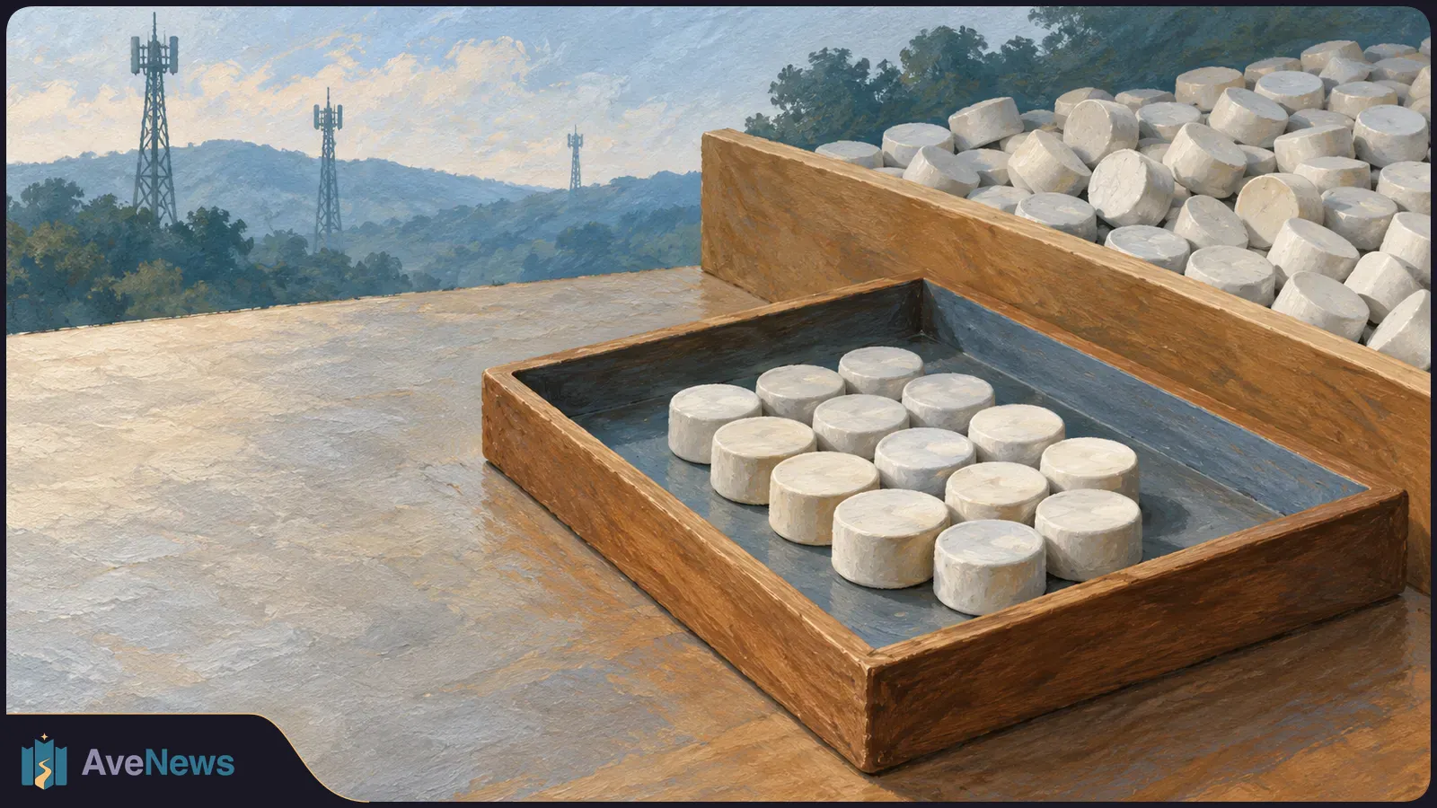 Painterly illustration of white cylindrical pieces in open wooden boxes, with wooded hills and three cell towers in the distance. SI illustration