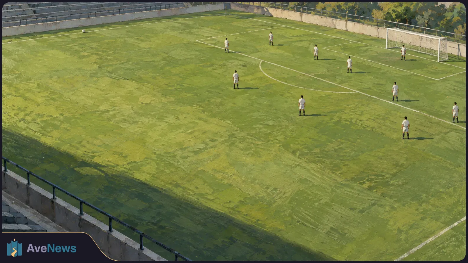 High-angle painting of a green football pitch, with players in white spread near a goal and a ball by the far touchline. SI illustration