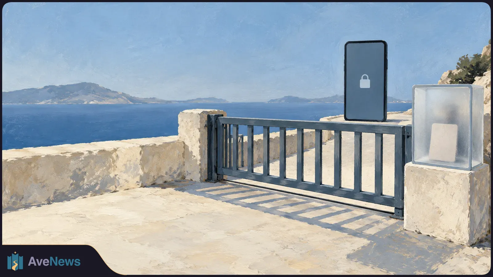 Painterly coastal scene with a closed metal gate, a phone showing a closed padlock symbol, and a translucent box on a stone pillar beside the sea. SI illustration