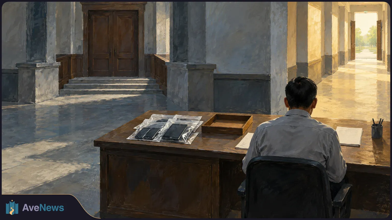 Painted interior with a person seen from behind at a wooden desk. Three phones in clear bags, papers and a pen cup sit on the desk; a corridor leads to open doors. SI illustration