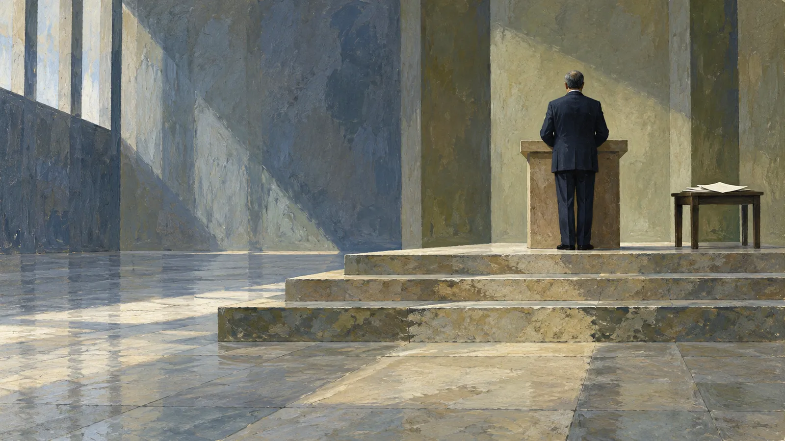 Illustration of a man in a dark suit seen from behind at a podium in a sunlit stone hall, with papers on a small table beside him. SI illustration