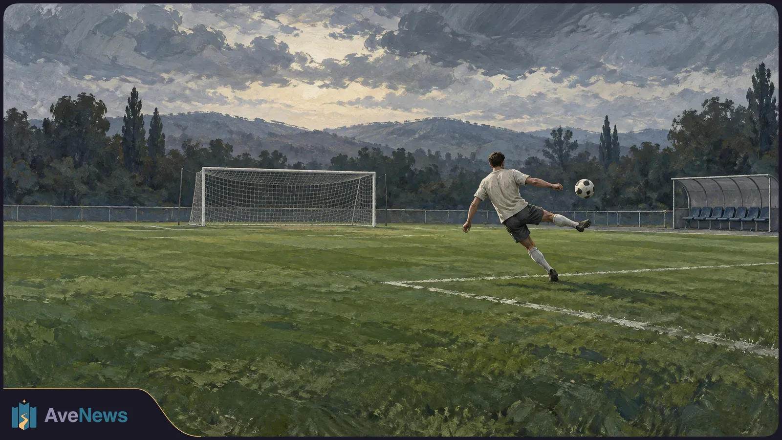 Painted scene of a footballer kicking a ball across a green pitch, with an empty goal, sideline shelter, trees and hills beneath a cloudy sky. SI illustration