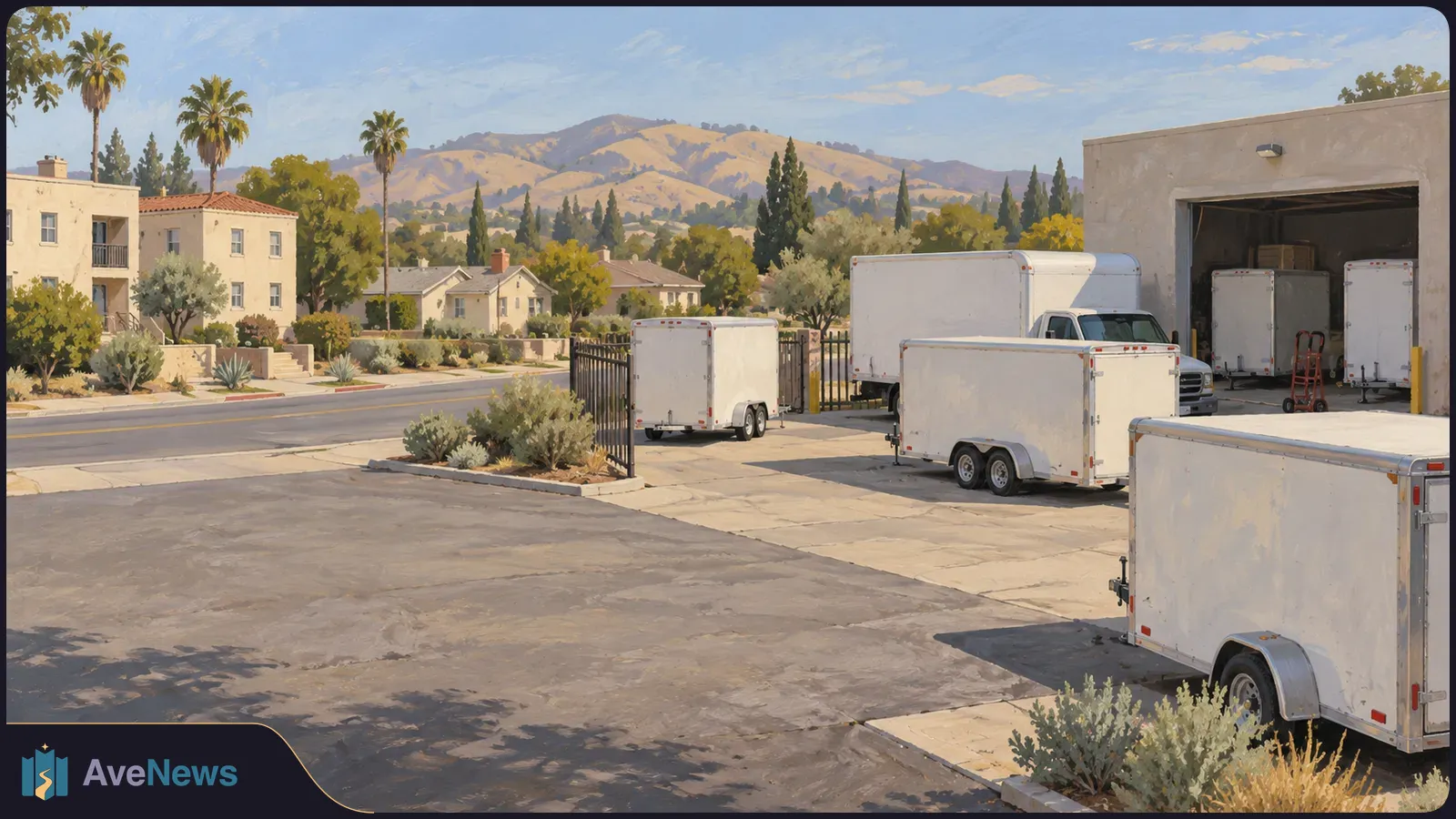 Several unmarked white cargo trailers sit outside a garage beside a residential street, with palm trees and hills in the background. SI illustration