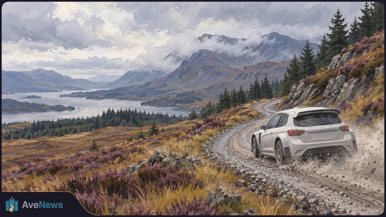 A painted scene of a white car kicking up gravel on a winding mountain road above a lake, with pine trees, purple shrubs and cloud-covered peaks. SI illustration