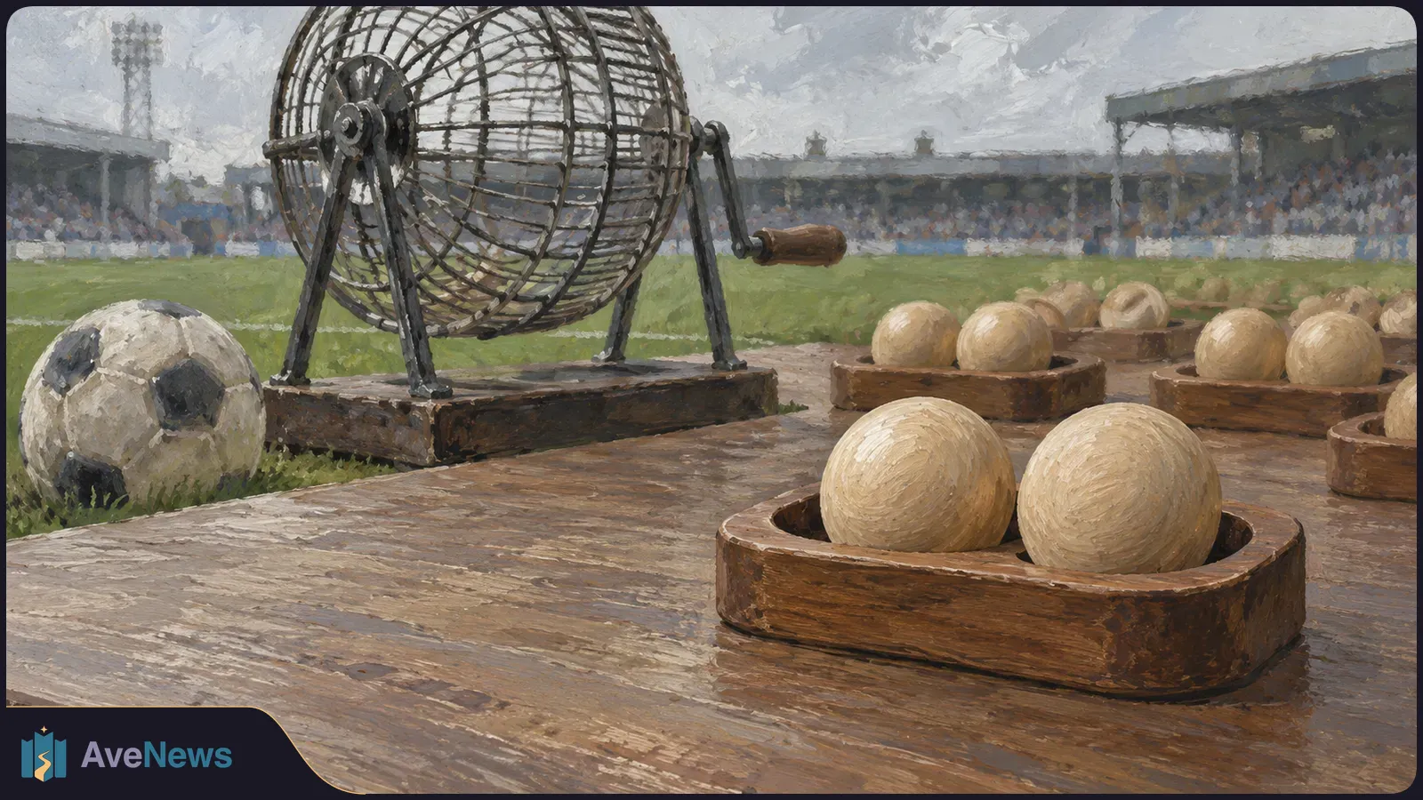Painterly illustration of a draw cage and trays of wooden balls on a table beside a football pitch, with a soccer ball and stadium stands behind them. SI illustration