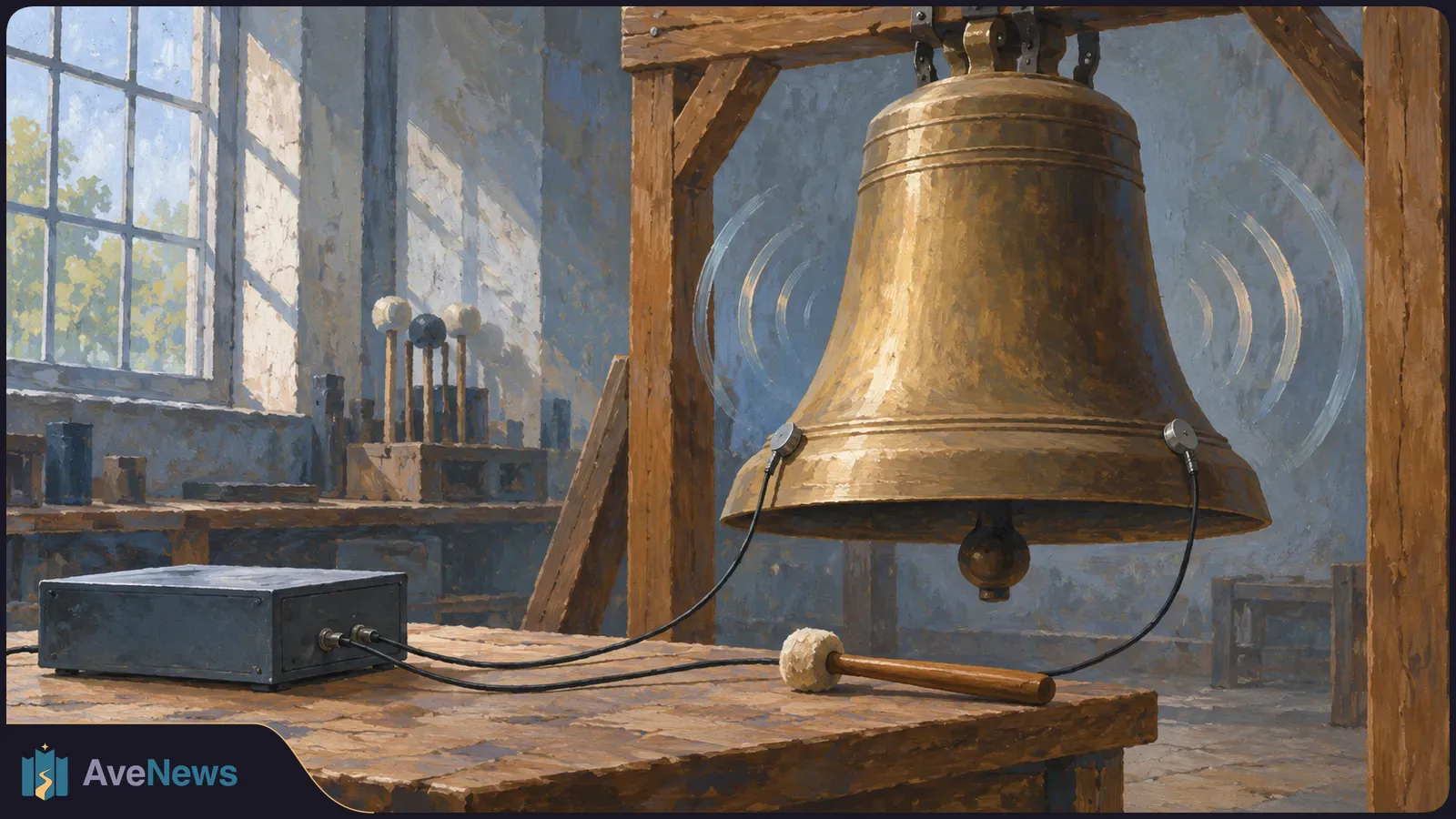 Painted scene of a large bronze bell fitted with wired sensors, with a mallet and a small electronic box on the workbench below. SI illustration