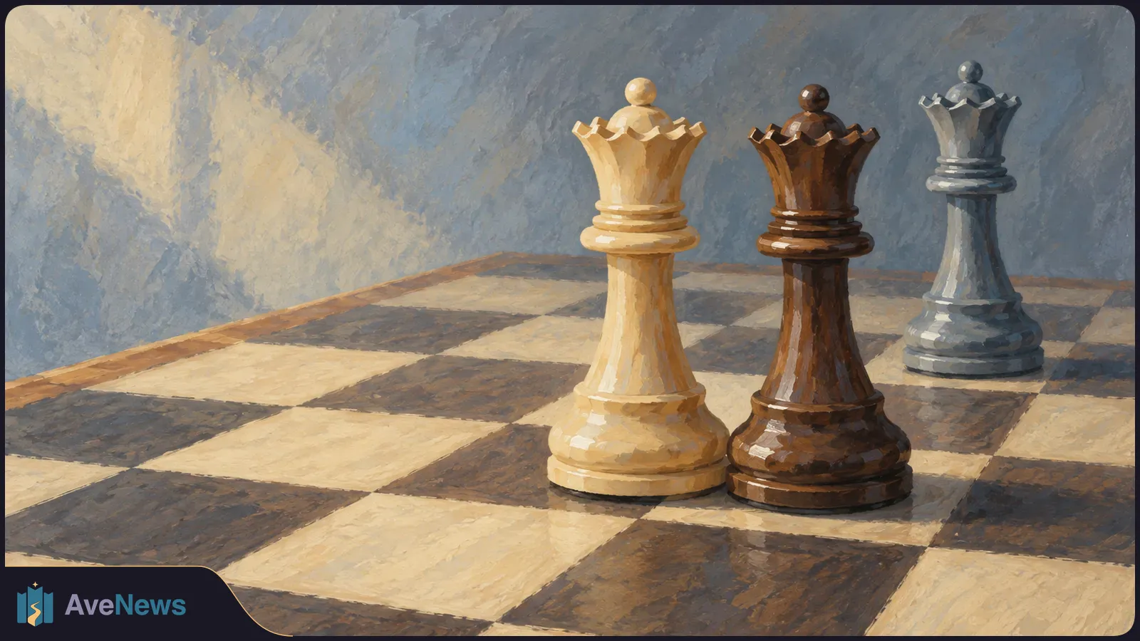 Painted illustration of three chess queens—ivory and brown in front, gray farther back—on a chessboard against a blue-gray wall. SI illustration