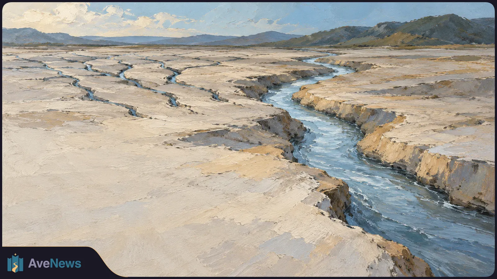 Painted landscape of a winding blue stream cutting through pale, dry ground, with smaller channels, distant mountains and a cloudy sky. SI illustration