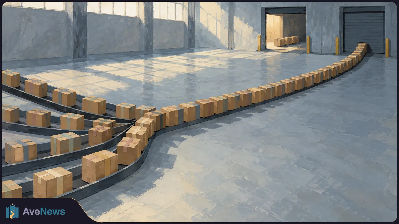 Painted warehouse scene with cardboard boxes on conveyor belts that merge into one line toward a closed loading door. SI illustration