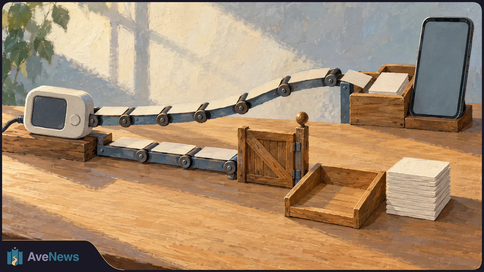 Painted scene of blank paper sheets on two small conveyor belts between a white device and a blank smartphone, with a wooden gate and an empty tray on the table. SI illustration