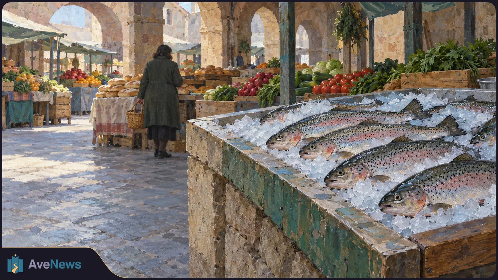 Painterly market under stone arches, with speckled trout on ice in the foreground, produce and bread stalls behind, and a shopper carrying a basket. SI illustration