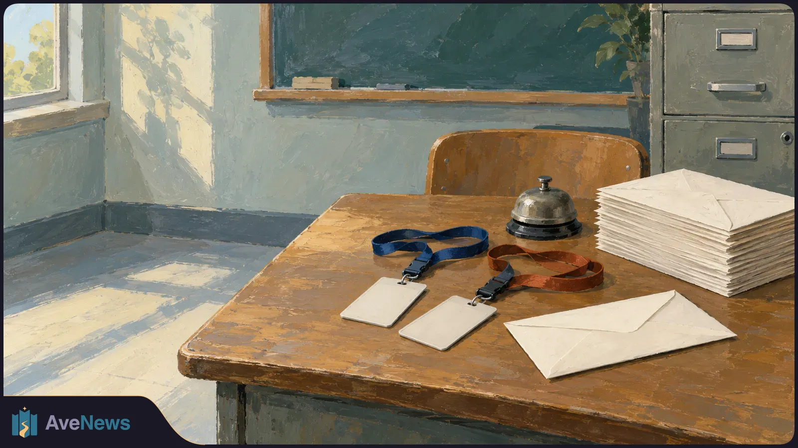 Painted school office with two blank badges on lanyards, an envelope, a stack of papers and a bell on a wooden desk; a chalkboard and filing cabinet stand behind. SI illustration