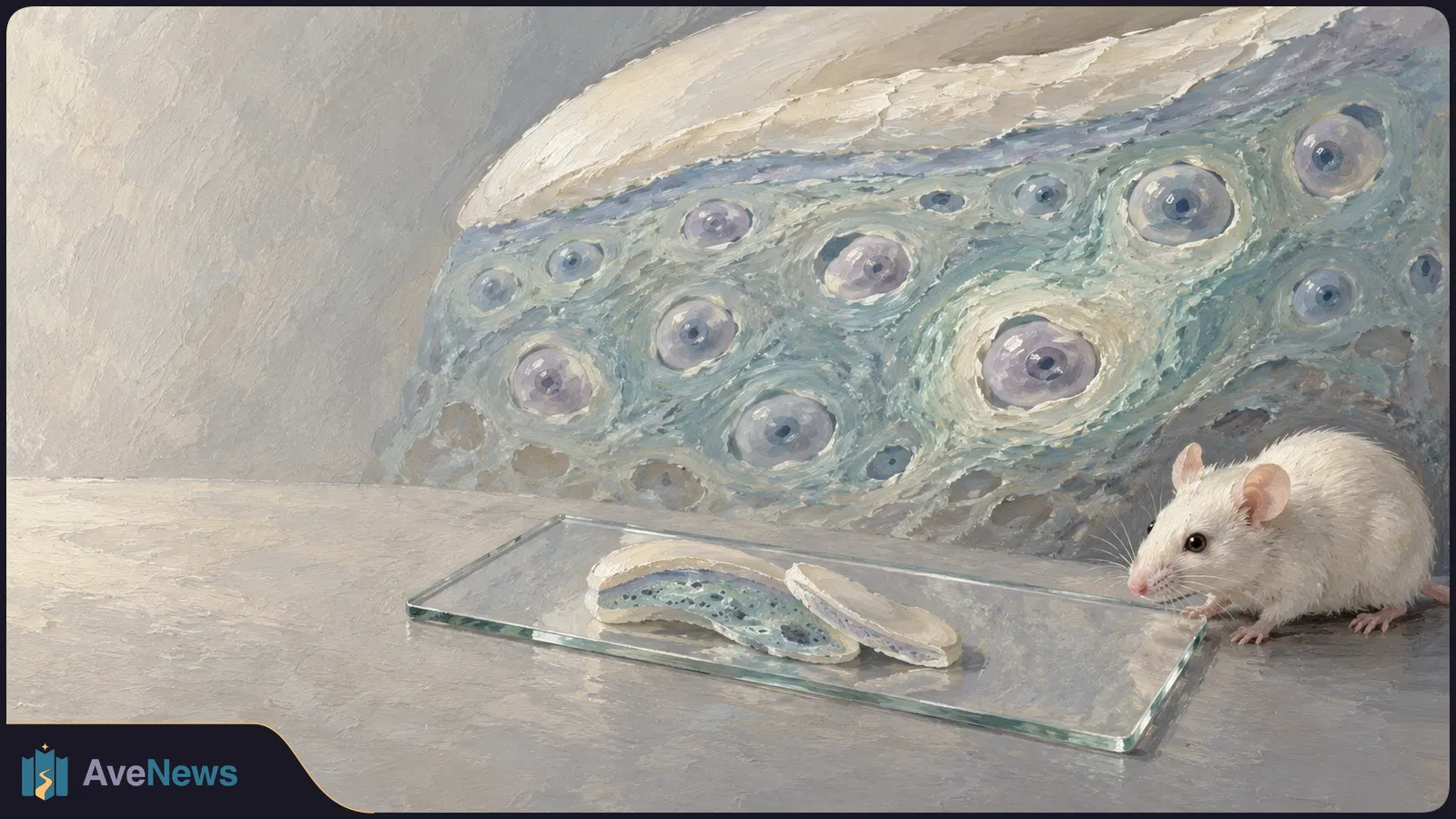 A white mouse beside a glass slide holding a curved, speckled tissue sample; an enlarged, cell-filled tissue layer fills the background. SI illustration