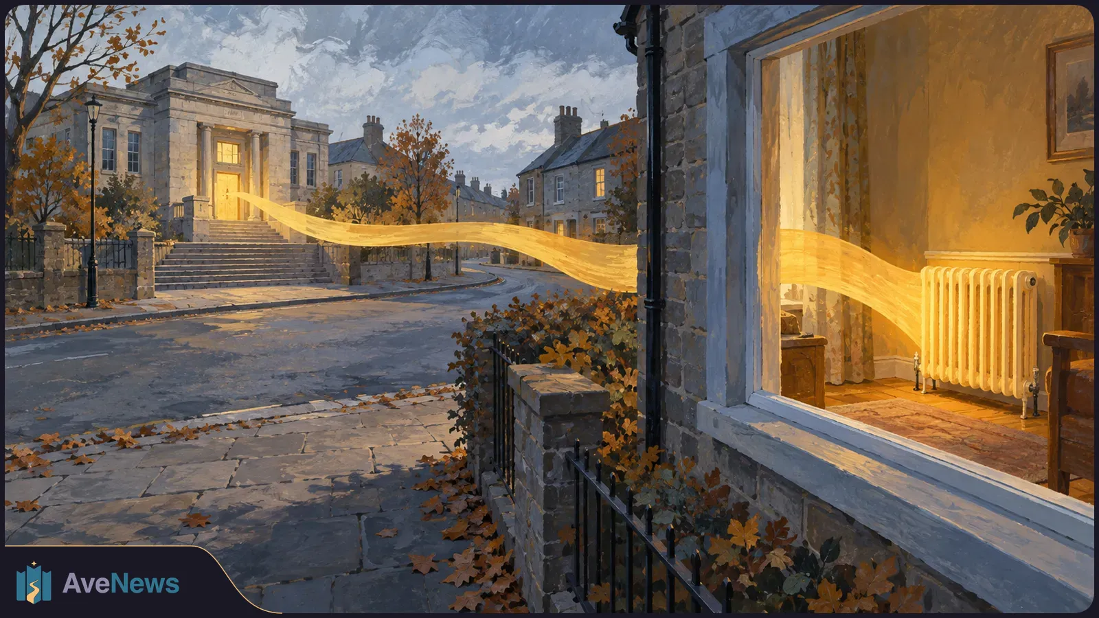 A painted autumn street with a civic-looking building across from a home; a glowing ribbon stretches from the building through a window to a radiator. SI illustration