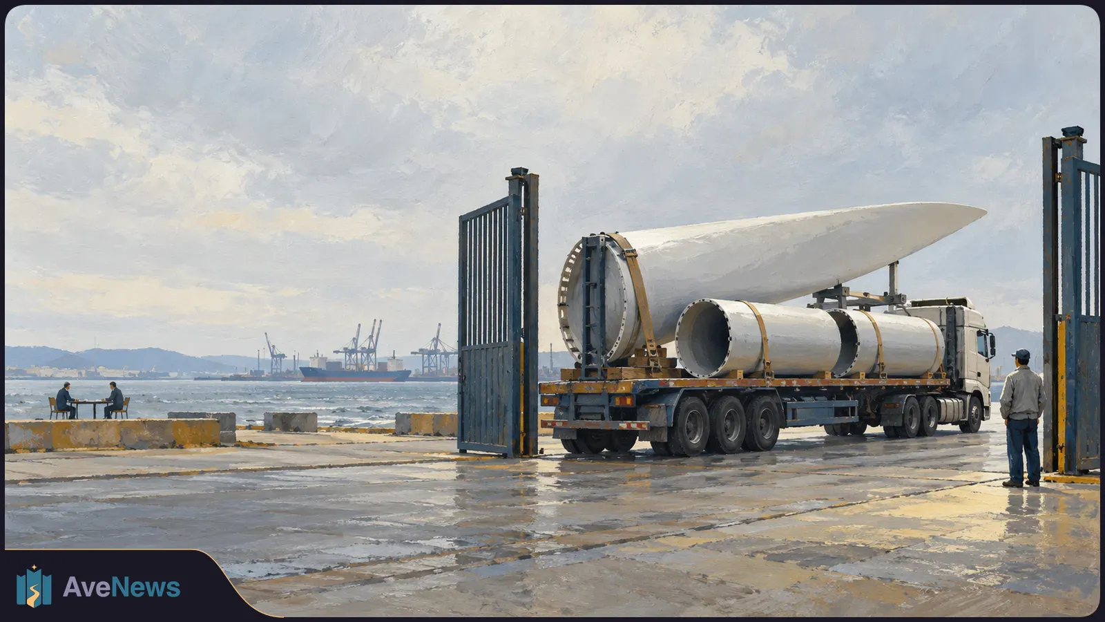 Painterly scene of a truck carrying a wind-turbine blade and cylindrical parts through open gates at a waterfront port, with cranes in the distance and people nearby. SI illustration