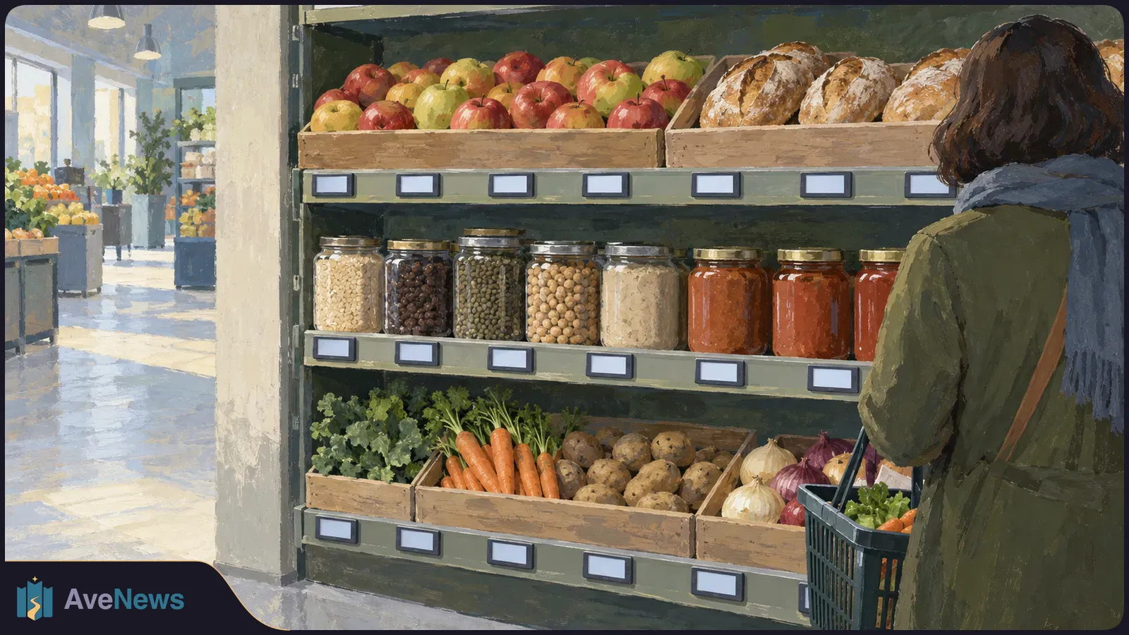 A painted grocery aisle with blank electronic shelf labels beneath apples, bread, jars and vegetables. A shopper seen from behind holds a basket. SI illustration