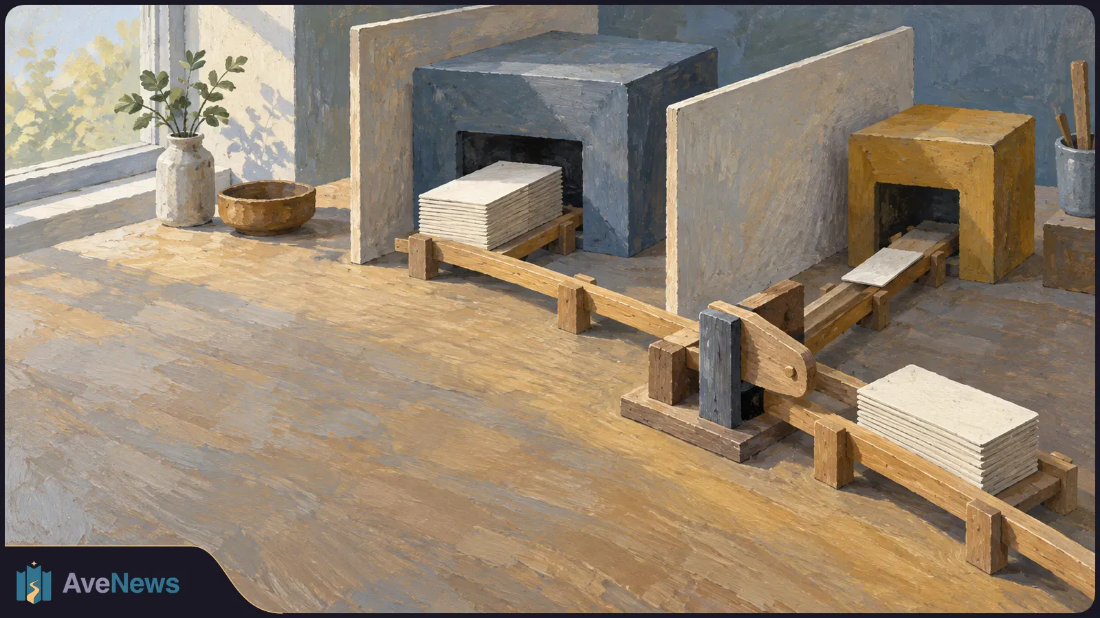 Painted scene of two differently sized box-like machines with wooden tracks and stacks of blank white sheets. A window and potted plant are at left. SI illustration