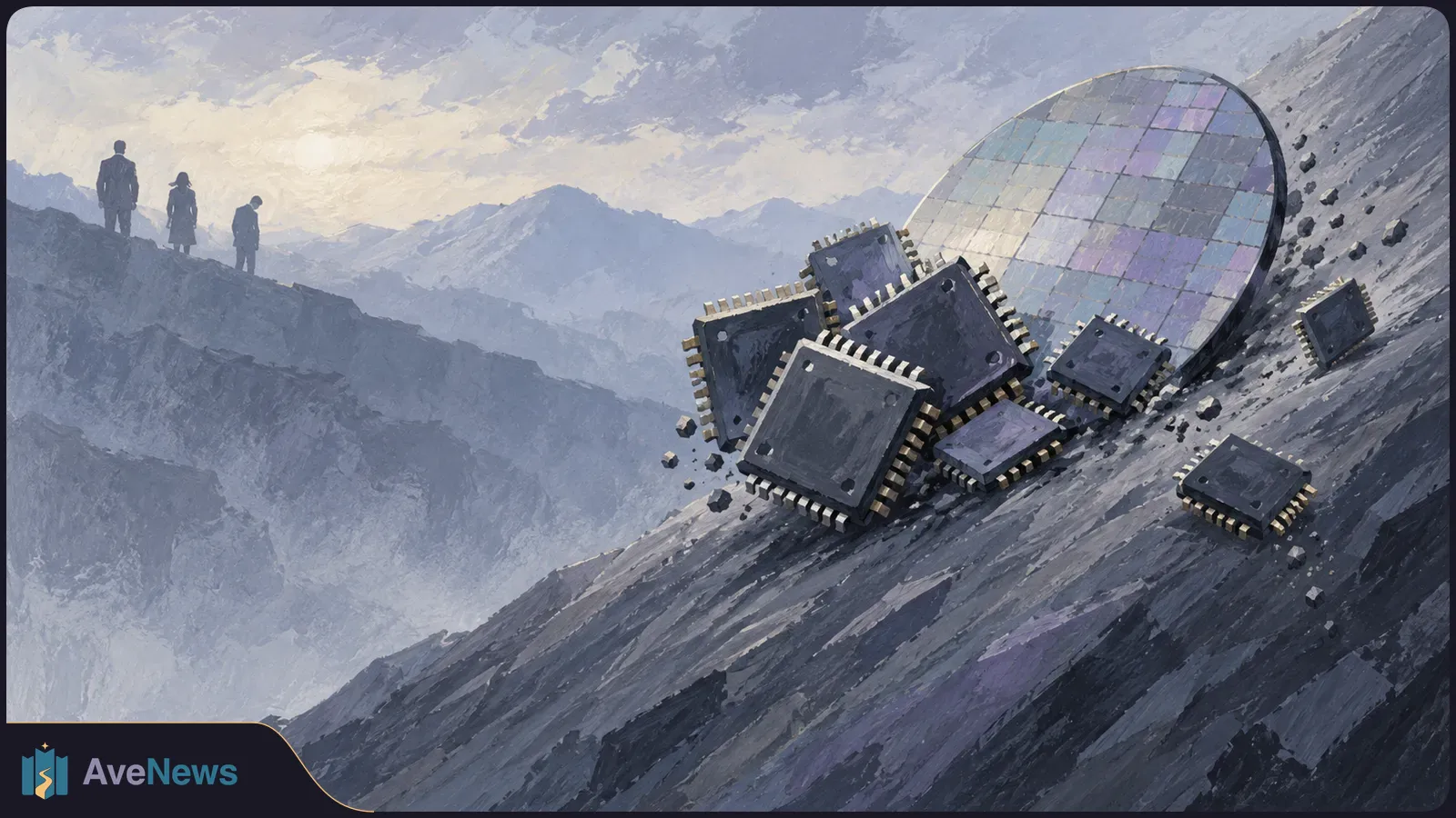 A painted mountain scene with a large silicon wafer and scattered microchips on a steep rocky slope; three small figures stand on a distant ridge. SI illustration
