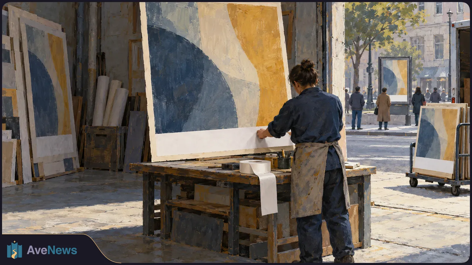 An illustrated artist stands at a worktable, holding a large abstract print. Similar prints lean against the walls and sit on a cart; pedestrians are visible outside. SI illustration