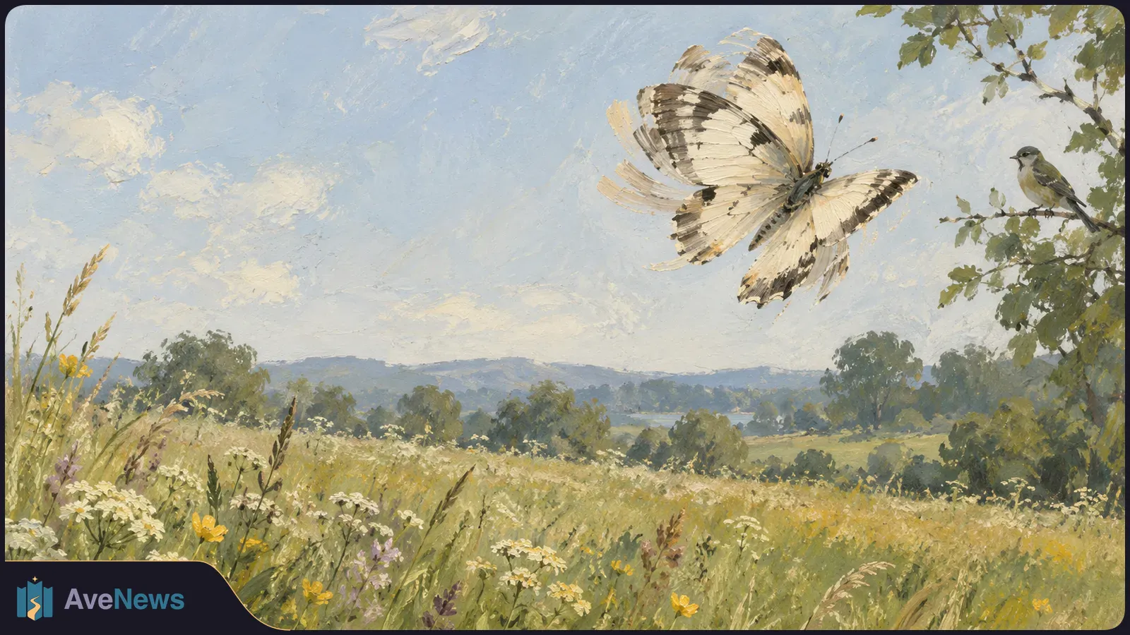 A large cream-and-black butterfly flies over a wildflower meadow, with a small bird perched on a leafy branch at right. SI illustration