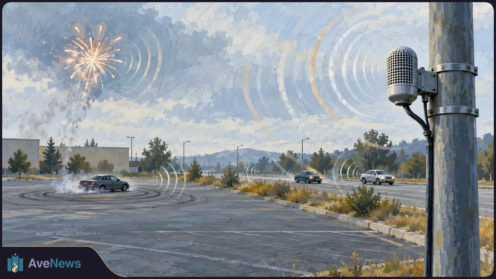 Painted scene of a microphone-like sensor on a roadside pole, with sound-wave arcs around fireworks, a smoking car spinning in a lot, and cars on a nearby road. SI illustration