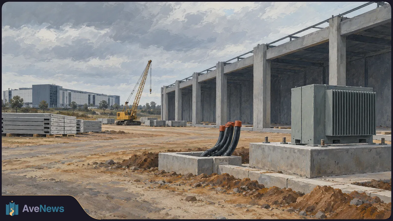 Illustration of a construction site with an unfinished concrete building, a crane, stacked panels and a large electrical unit with cables in the foreground. SI illustration