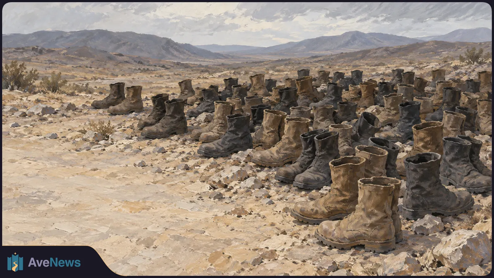 Rows of empty, worn boots stand on rocky desert ground, with sparse shrubs and mountains beneath a cloudy sky. SI illustration