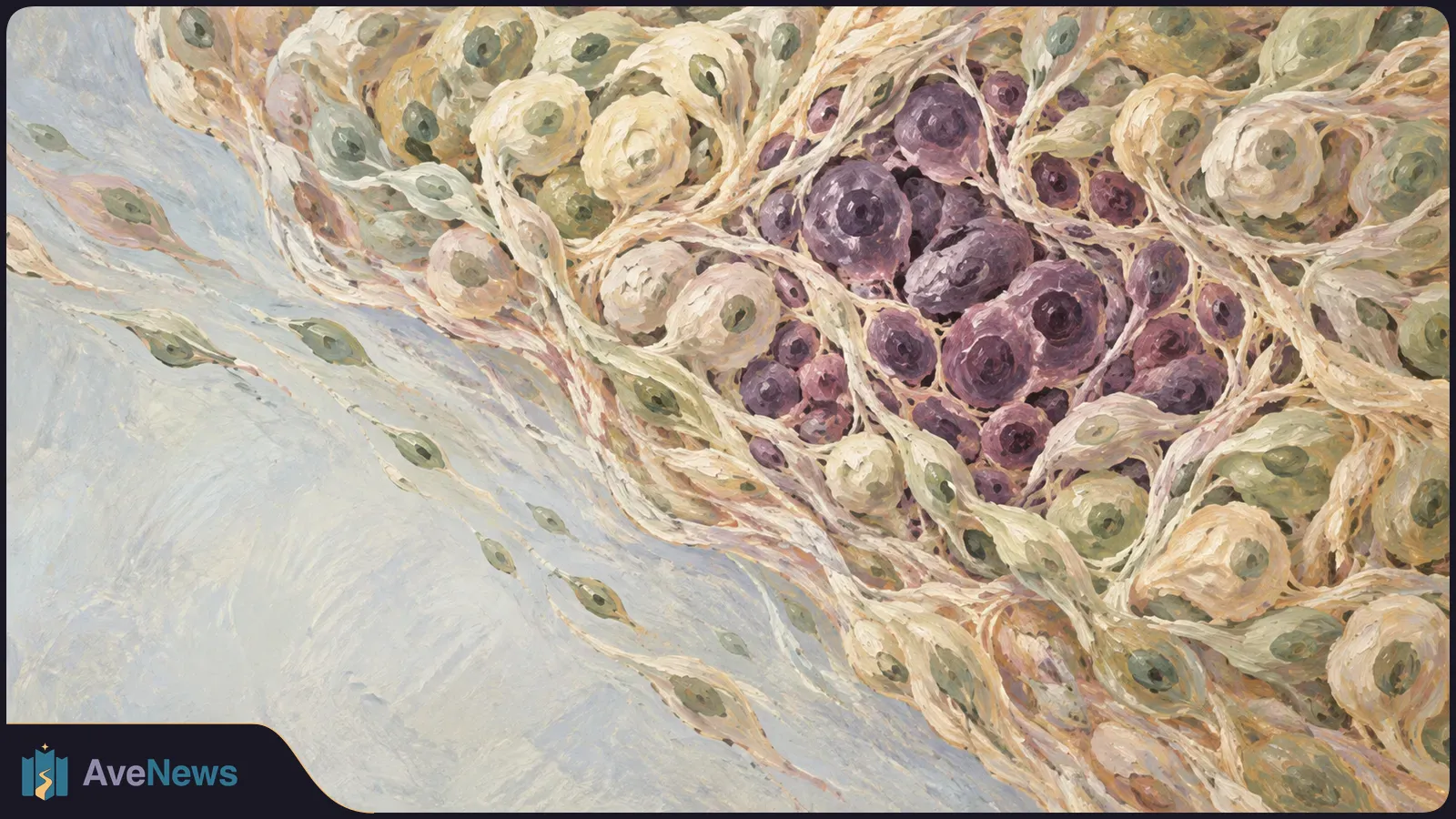 Painted close-up of purple round cells clustered among pale oval cells and branching, threadlike strands. SI illustration