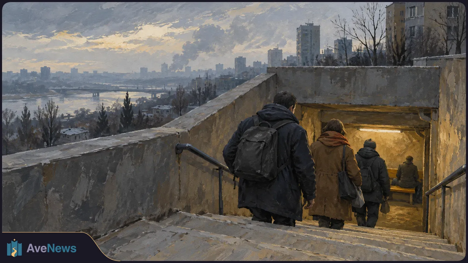 Four people descend stairs into a lit underpass; beyond them, a river and city skyline sit under a cloudy sky with a plume of smoke. SI illustration
