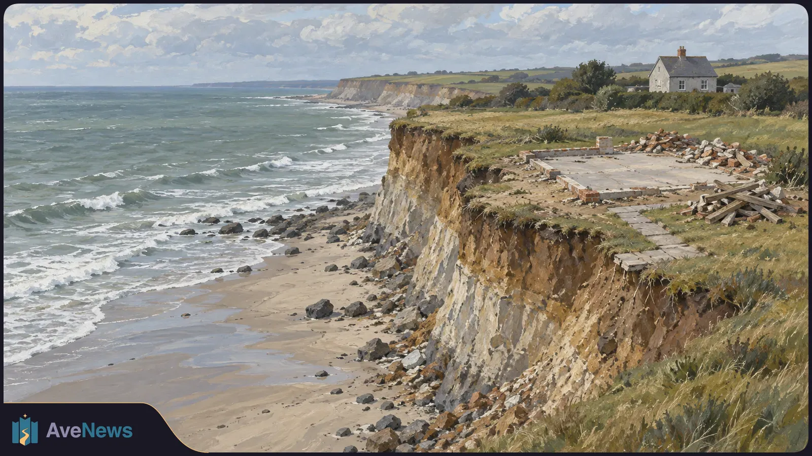 Painted coastal scene with waves below an eroded cliff, a bare concrete foundation and rubble at its edge, and a house farther inland. SI illustration