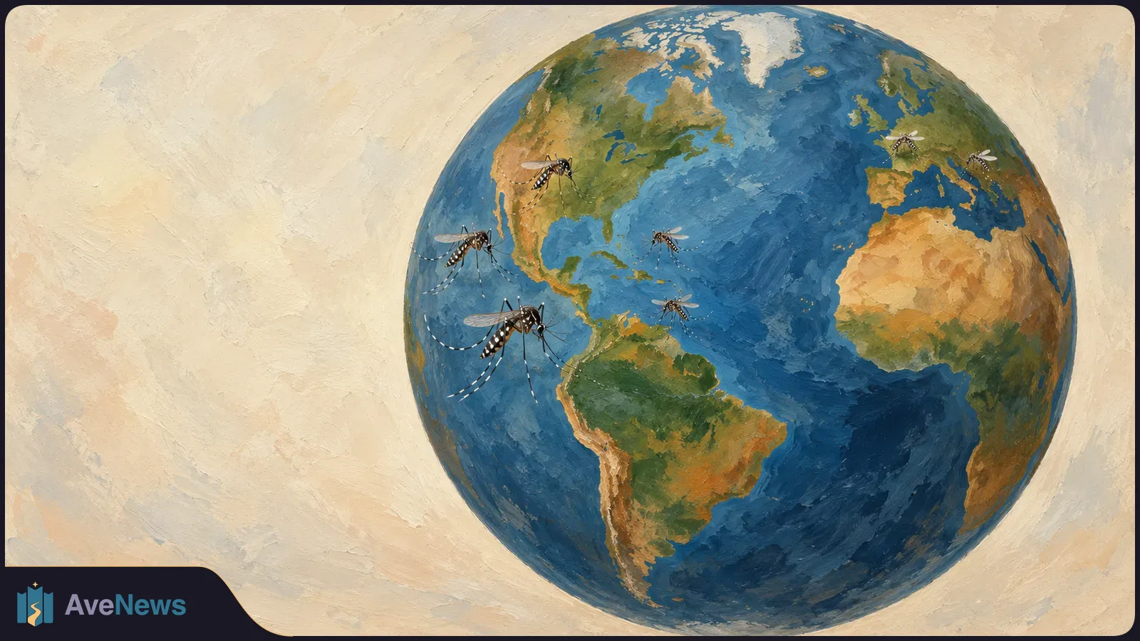 A painted globe showing the Americas, Europe and Africa, with striped mosquitoes over the Americas and Europe against a pale background. SI illustration