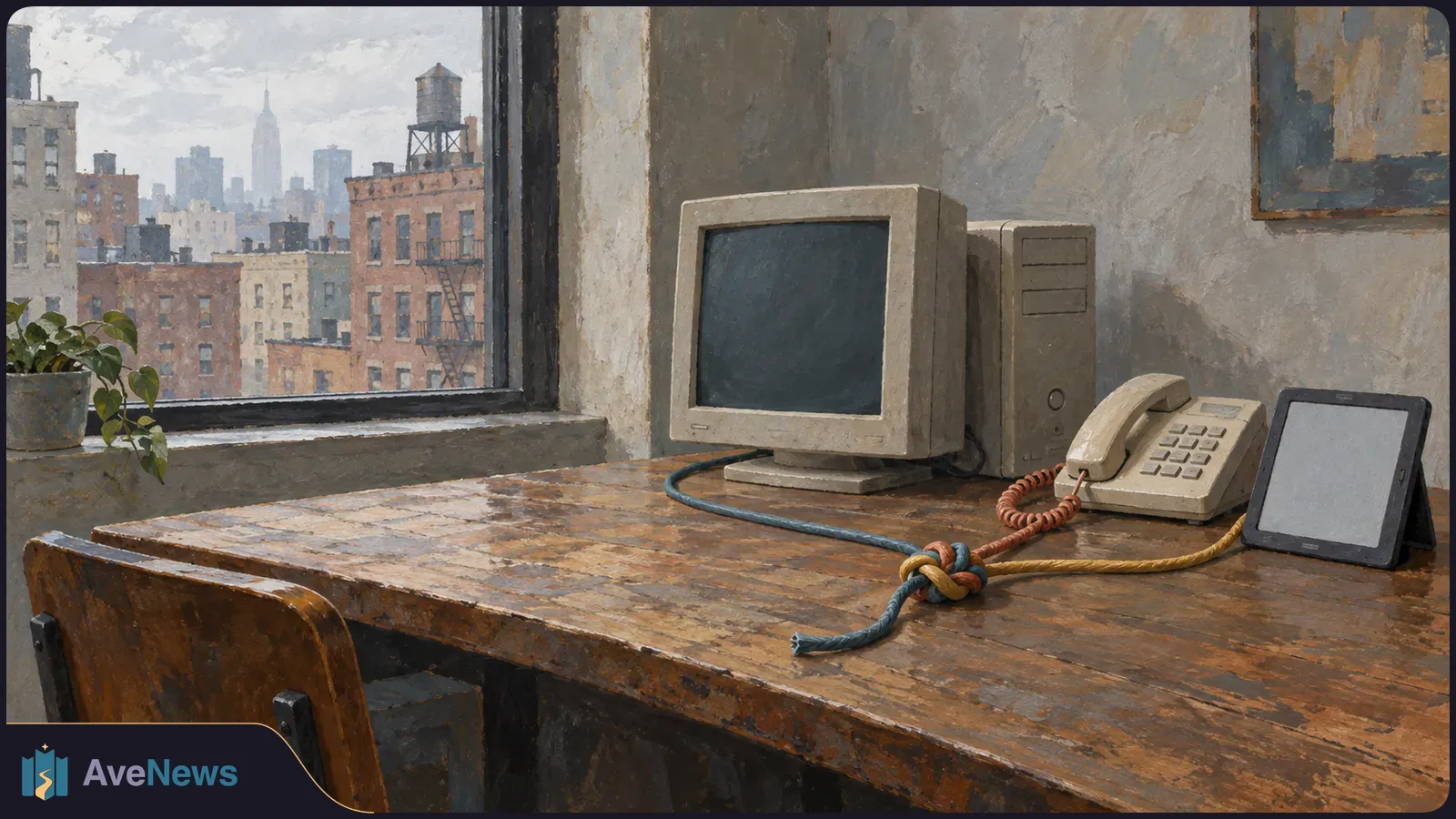 Painted office scene with a computer, desk phone and tablet on a wooden desk. Colored cords form a knot, with one frayed end; city buildings are visible through the window. SI illustration